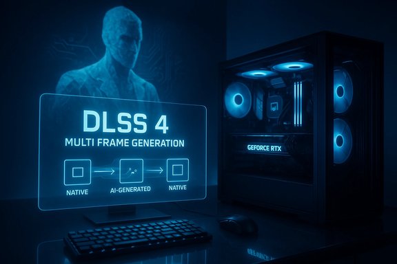 Blue-lit setup showcasing DLSS 4 multi-frame generation on a GeForce RTX PC. Blue-lit setup showcasing DLSS 4 multi-frame generation on a GeForce RTX PC.