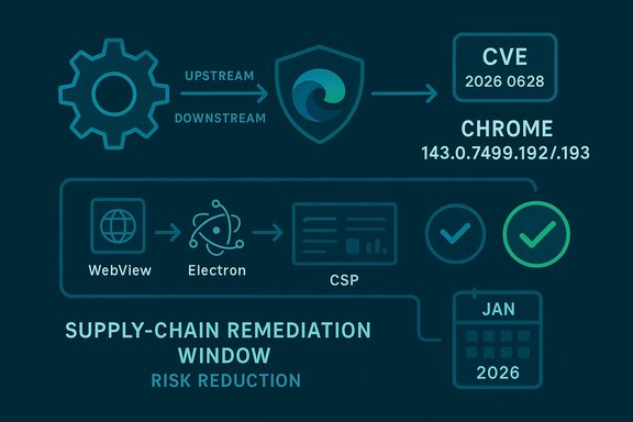 Security flowchart with upstream/downstream protection, CSP, and a 2026 supply-chain remediation window.