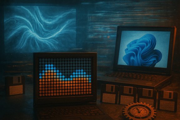 Retro tech desk with a dot-matrix display, a laptop, floppy disks, and a gear clock.