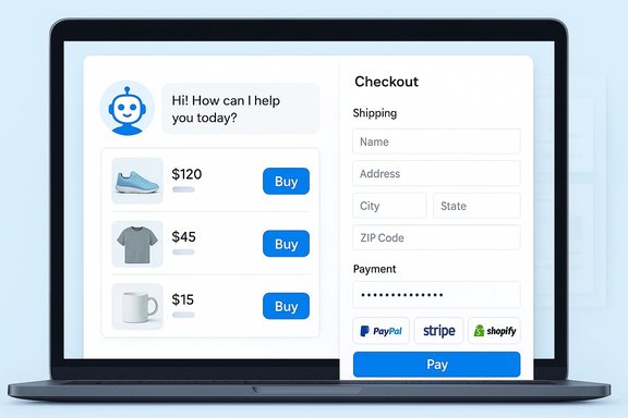 3D laptop screen shows a chat-assisted shopping cart and a checkout form with payment options. 3D laptop screen shows a chat-assisted shopping cart and a checkout form with payment options.