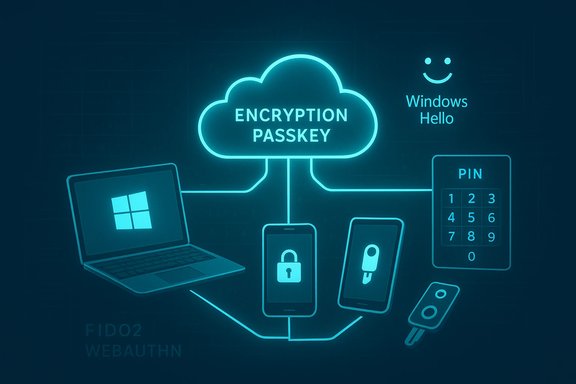 Cloud encryption passkey links Windows laptop, phones, PIN keypad, and security key.