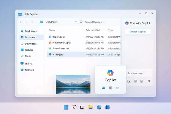 Windows 11-style File Explorer displaying Documents, with a Copilot chat panel on the side. Windows 11-style File Explorer displaying Documents, with a Copilot chat panel on the side.