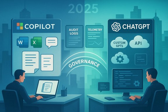 Two analysts compare Copilot and ChatGPT governance tools in a 2025 AI landscape.