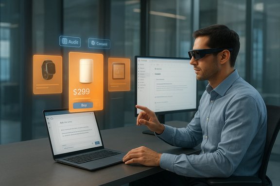 Man wearing AR glasses taps a holographic product card with a Buy option.