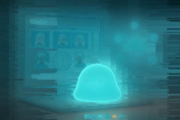 A glowing teal blob with a friendly face sits in front of a Copilot interface.