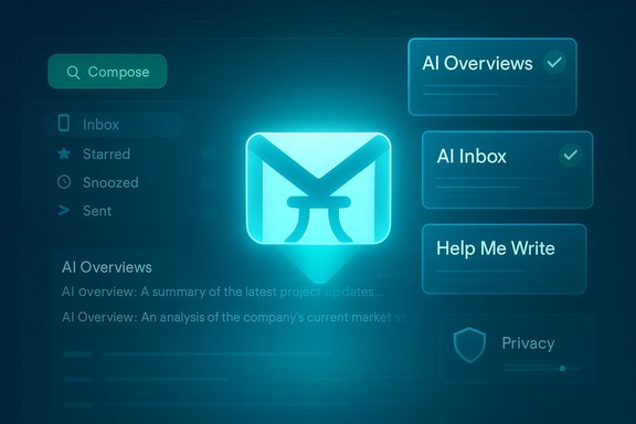 A futuristic AI-powered email UI featuring a glowing envelope and panels for AI Overviews, AI Inbox, and Help Me Write.