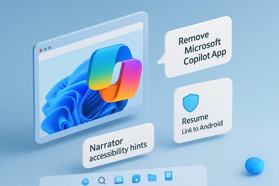 A 3D computer screen shows prompts to remove Microsoft Copilot, resume Android link, and narrator accessibility hints.