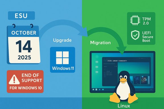 Left: Windows 11 upgrade and Windows 10 end of support; Right: migrating to Linux with TPM 2.0 and Secure Boot.