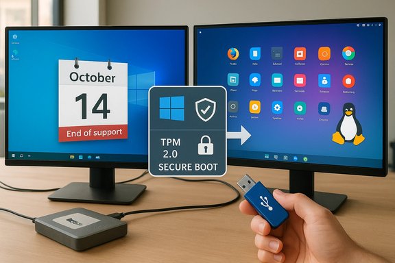 Two monitors show Windows end of support on Oct 14 and a Linux desktop, with TPM 2.0 Secure Boot and a USB drive.