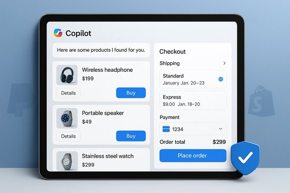 Tablet screen shows Copilot shopping app with product cards and a checkout panel. Tablet screen shows Copilot shopping app with product cards and a checkout panel.
