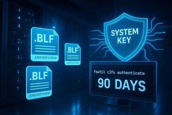 Blue neon data center with floating .BLF files, a SYSTEM KEY shield, and a 90 DAYS authentication banner.