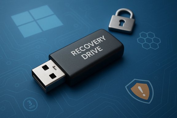 A USB recovery drive on a blue circuit-themed background.