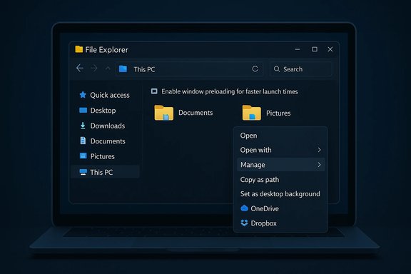 Dark-mode Windows File Explorer on a laptop showing Documents and Pictures with a right-click menu.
