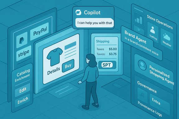 A shopper browses a futuristic, multi-panel e-commerce interface guided by Copilot. A shopper browses a futuristic, multi-panel e-commerce interface guided by Copilot.