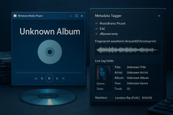 Blue-toned desktop showing Windows Media Player with Unknown Album and a metadata tagging panel. Blue-toned desktop showing Windows Media Player with Unknown Album and a metadata tagging panel.