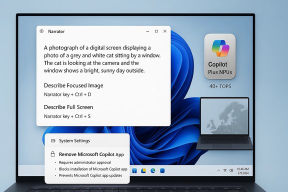 Laptop screen displays Windows Copilot UI with Narrator text and system-settings popups.