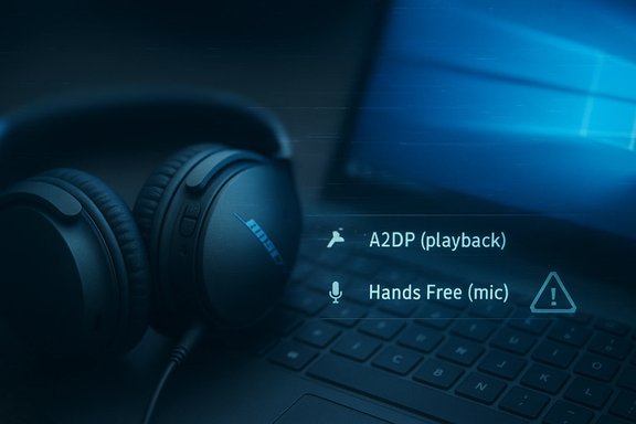 Headphones beside a laptop screen showing Bluetooth A2DP playback and Hands Free mic, with a warning icon.