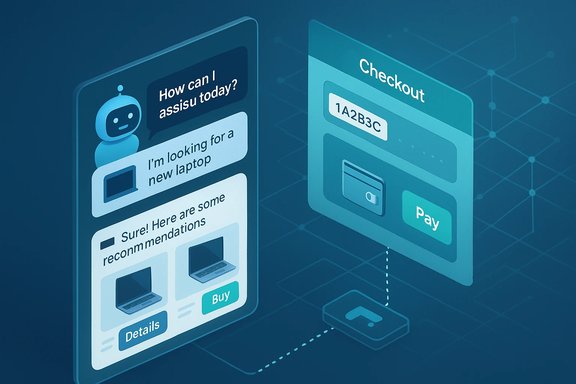 Chatbot-guided shopping: laptop recommendations on the left and a Checkout panel on the right. Chatbot-guided shopping: laptop recommendations on the left and a Checkout panel on the right.