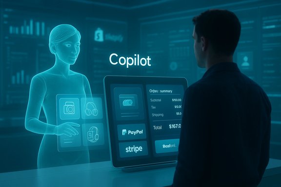 A man interacts with a holographic Copilot assistant showing a payment summary. A man interacts with a holographic Copilot assistant showing a payment summary.