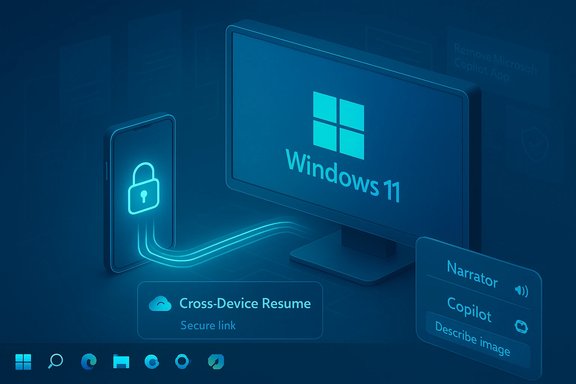 Neon-blue Windows 11 screen showing a secure lock, cross-device resume, and Narrator/Copilot prompts.