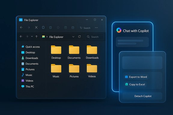 A dark File Explorer window sits beside a glowing Copilot chat panel. A dark File Explorer window sits beside a glowing Copilot chat panel.