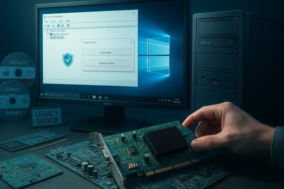 Technician installs a PCIe graphics card while Windows shows Device Manager and a legacy driver prompt.