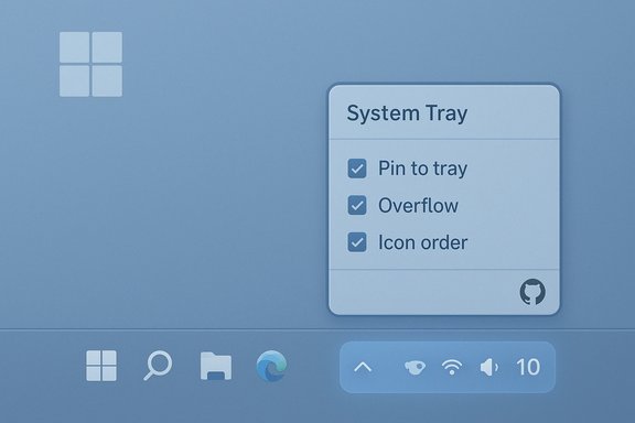 Blue desktop showing a rounded System Tray panel listing Pin to tray, Overflow, Icon order.