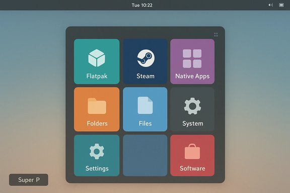 A 3x3 grid of colorful rounded app tiles (Flatpak, Steam, Native Apps, Files, Settings) on a dark launcher.