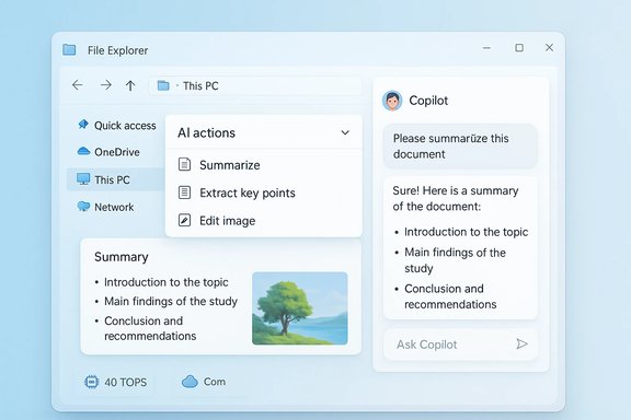 Blue-tinted File Explorer UI with Copilot chat and AI actions for document summaries.