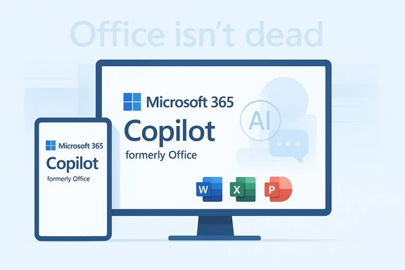 Microsoft 365 Copilot branding on a monitor and tablet, with an AI Office backdrop.