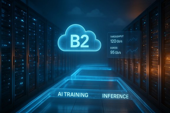Futuristic data center with a glowing B2 cloud for AI training and inference.