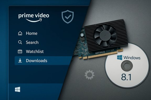 Split-screen composition: Prime Video menu on the left, GPU card and Windows 8.1 disc on the right.