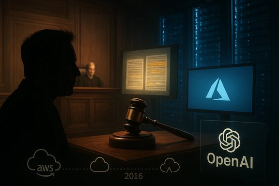 Dim courtroom scene with a gavel, a silhouette at the table, and screens showing AWS, OpenAI, and Azure logos.