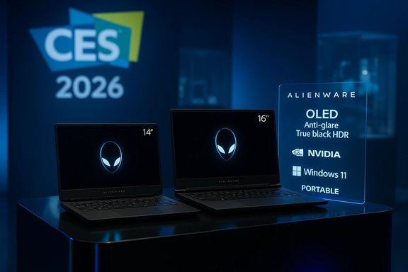 Two Alienware laptops on a CES 2026 display, showcasing OLED HDR portable PCs.
