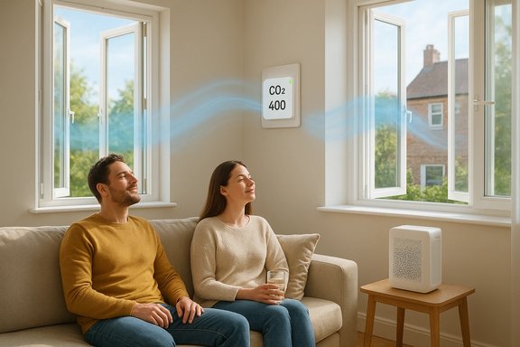 Couple relaxing on a sofa as a CO2 monitor shows 400 ppm and fresh air.
