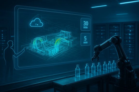 A robotic arm and a human silhouette oversee a holographic factory blueprint with cloud icon and timers.