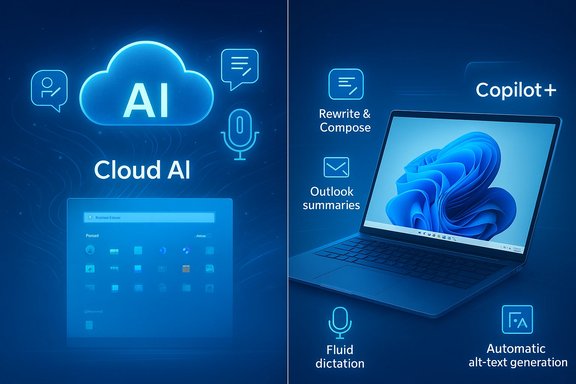 Split-screen AI showcase: Cloud AI on the left and Copilot+ features on the right.