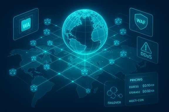 Futuristic global network with security and CDN icons surrounding a glowing Earth.