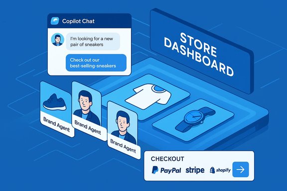 Isometric store dashboard UI with Copilot Chat, brand-agent cards, and checkout options. Isometric store dashboard UI with Copilot Chat, brand-agent cards, and checkout options.