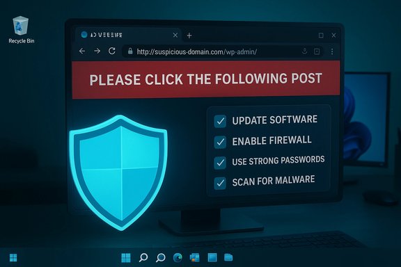 Desktop shows a fake security alert with a shield and security checklist.