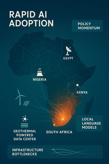 Infographic map shows rapid AI adoption in Africa with hubs in Egypt, Nigeria, and South Africa.