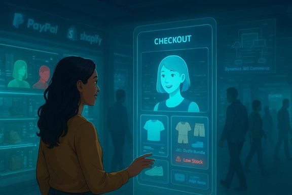 A woman interacts with a glowing holographic checkout to choose outfits in a futuristic store. A woman interacts with a glowing holographic checkout to choose outfits in a futuristic store.