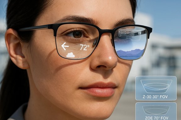 Close-up of a woman wearing AR glasses displaying weather data and a mountain landscape.