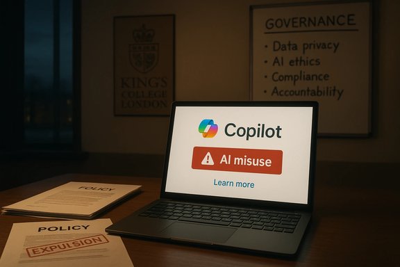 A laptop on a desk displays Copilot's AI misuse warning with policy papers nearby.