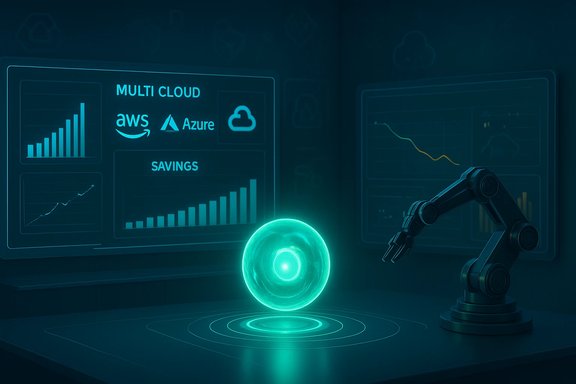 Glowing cyan orb hovers on a platform as a robotic arm analyzes cloud-savings charts on futuristic screens.