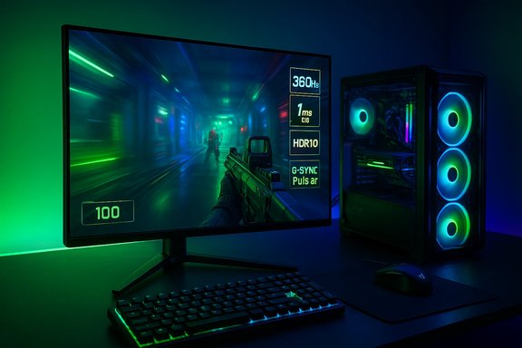 Neon-lit gaming setup: FPS on the monitor, RGB keyboard, and a PC tower with glowing fans.
