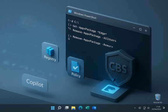 Blue 3D Windows PowerShell window with CBS, Policy, Registry icons and Copilot on a digital desktop. Blue 3D Windows PowerShell window with CBS, Policy, Registry icons and Copilot on a digital desktop.