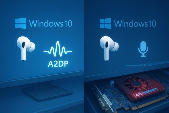 Windows 10 Bluetooth audio: A2DP waveform and mic icon beside wireless earbuds.