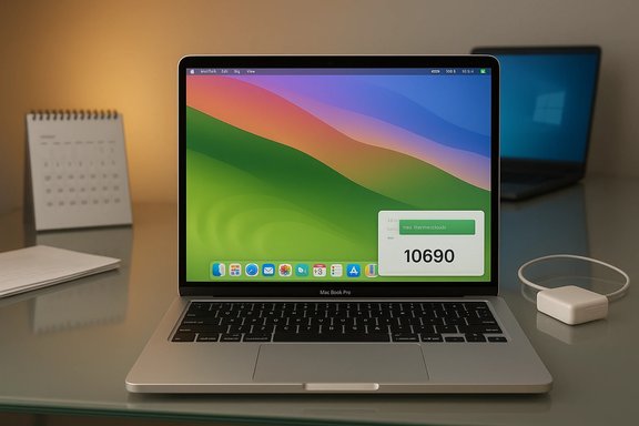 A MacBook Pro on a glass desk with a calendar, notebook, and charger nearby.