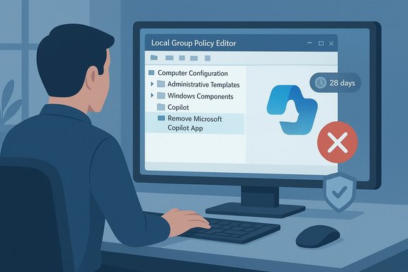 Person at a computer editing Local Group Policy Editor to remove Microsoft Copilot App.